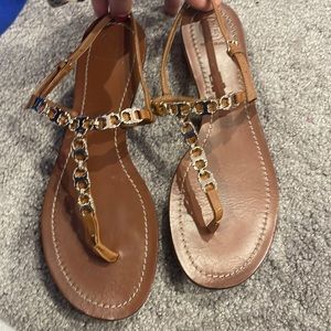 Tory Burch Gemini Link T-strap leather sandal in nude and gold